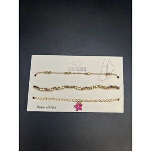 GUESS Gold Tone Pink Flower Charm Mixed 3 Piece Anklet Set